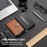 Stealth Wallet RFID Portfel na Karty - Smart Minimalistyczne Pop Up Portfele - Smukłe Lekkie Metalowe Uchwyty na Karty Kredytowe (Srebrny Aluminium, Skóra Tan, Klips na Pieniądze)