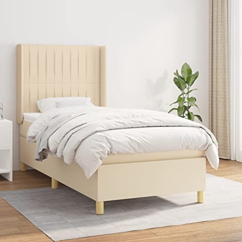 Willood Boxspringbett mit Matratze Polsterbett mit Lattenrost Kopfteil mit Ohren Verstellbare Höhe Creme 100 x 200 cm-Vertikale Streifen