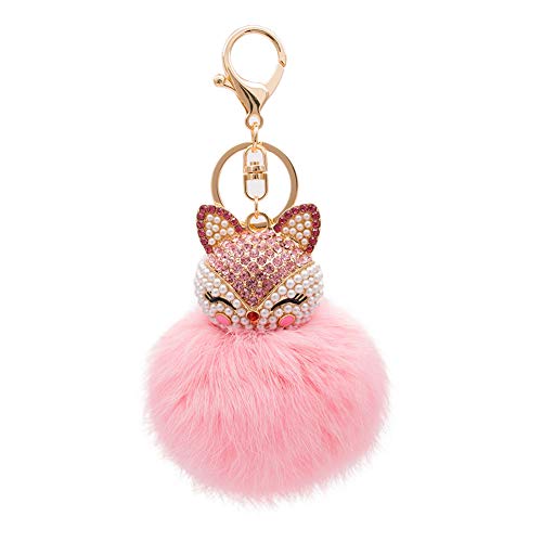 HOYUNLA Rabbit Fur Ball Pom Pom Keychain with Fox Head Studded with Synthetic Pearl Rhinestone for Womens Bag Car Key Chain Charm Pendant Decoration (pink)