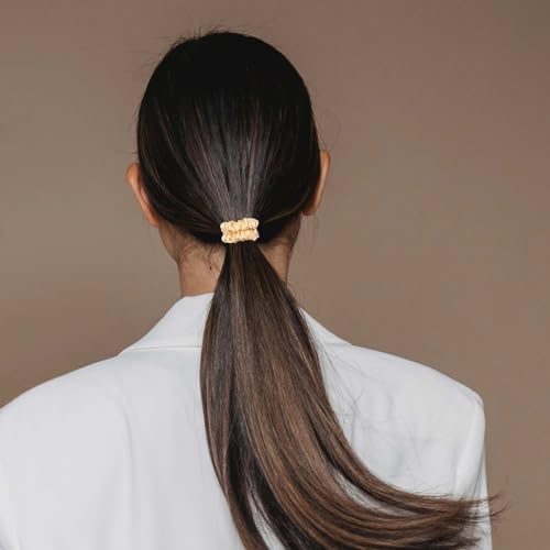 Image of VLOMOT 6 Pcs Set 100% Pure Mulberry Silk Scrunchies Hair Ties with 6 Chic Colors Everyday Skinny Scrunchies Silk Ponytail Holders Hair Care No Damage (Champagne)