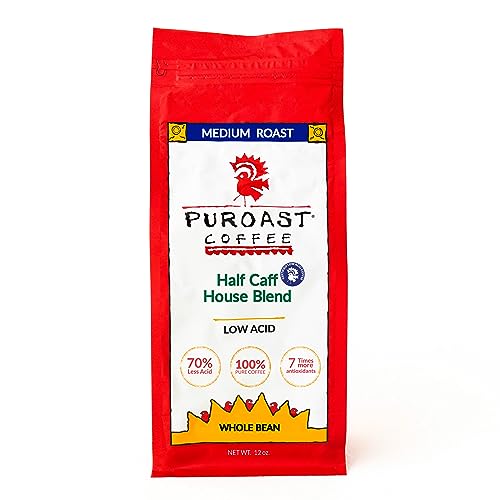 Puroast Low Acid Coffee Whole Bean, Half Caff House Blend, Medium Roast, Certified Low Acid Coffee, pH 5.5+, Gut Health, 12 oz, Higher Antioxidant, Smooth for Espresso, Iced Coffee