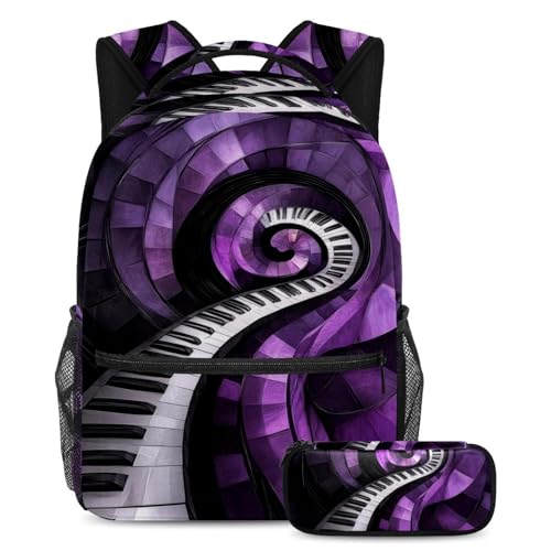 Sac d'école à motif touches de piano en spirale avec sa trousse assortie pour élèves