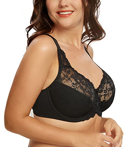 Dotvol Women's Full Coverage Lace Floral Unpadded Underwire Minimizer Everyday Bra (Black, 40D) #TOP3