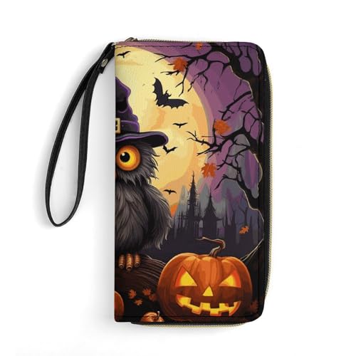 Halloween Owl Ghost Pumpkin Leather Wallet Smooth Zip Around Clutch Wristlet Travel Long Soft Purse for Women