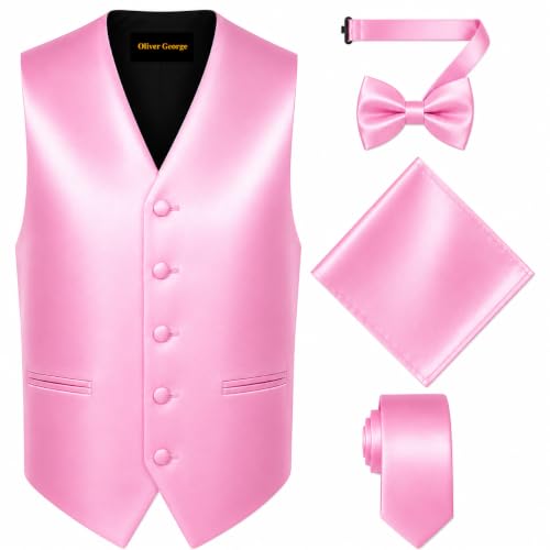 Image of Oliver George 4pc Men's Solid Formal Suit Waistcoat Tuxedo Dress Vest Necktie Bowtie Handkerchief Set for Suit or Tuxedo