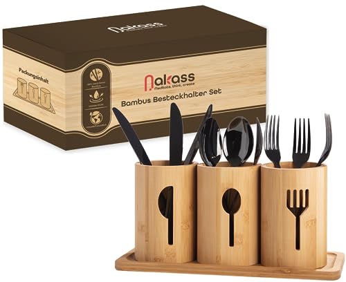 Nakass Bambus Besteckhalter 4 Teilig aus Holz Besteck Organizer Küchenutensilienhalter für Küche Besteckständer für Esstischdeko Besteckbehälter mit Holzsockel küchenorganizer küchenhelfer