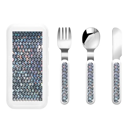 Silver Fish Scale Print Stainless Knife Fork Spoon 3-Piece Set,Flatware Cutlery Set with Storage Case
