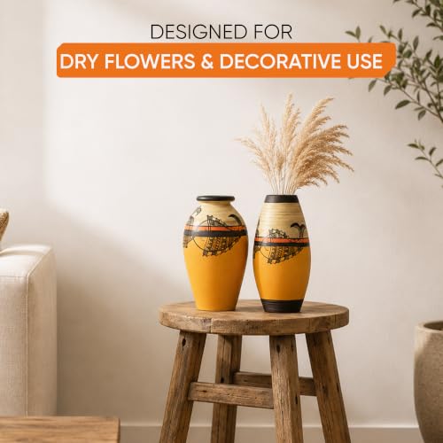 Image of Aakriti Art Creations Madhubani Terracotta Vase Set of 2 with Fish Motif | Handmade Yellow Decorative Flower Vases | Matte Finish Table Decor for Living Room, Shelf Decor & Housewarming Gifts