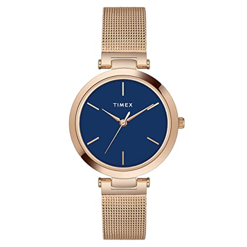TIMEX Analog Watch for Women with Blue Round Dial & Rose Gold Stainless Steel Bracelet Band Water Resistant Women's Wrist Watches - TWEL118SMU03