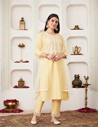 Image of Amazon Brand - Myx Women's Embroidered Kurta Pant Set with Dupatta (Available in Plus Sizes)