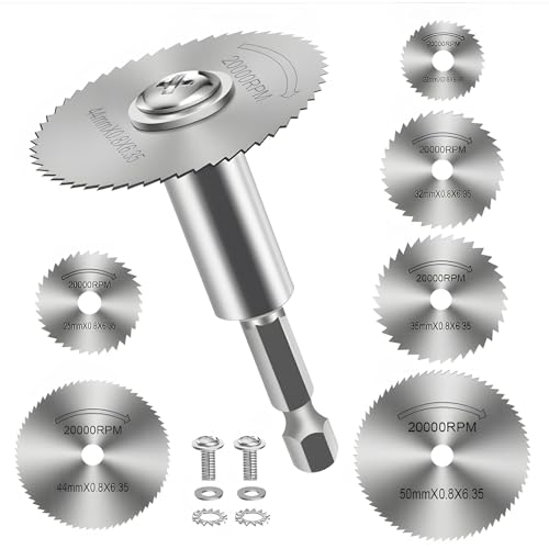 7 Piezas Discos de Corte para Taladro, Mini Hojas de Sierra HSS con Vástago Hexagonal 1/4' para Herramientas Multifunción como Dremel, Adecuado para Cortar Plásticos, Madera y Metales Blandos