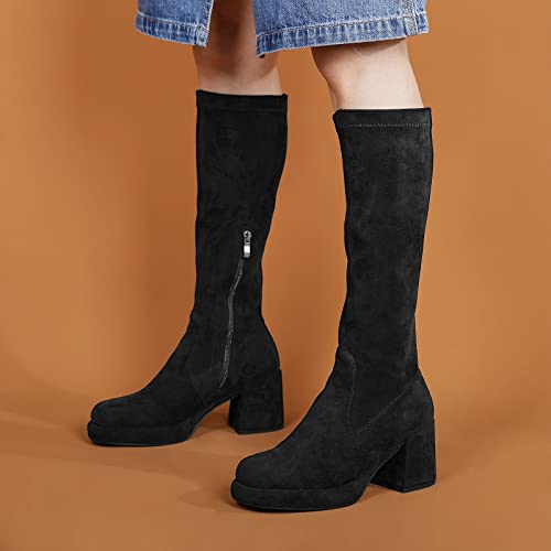 Image of LanreyTaley Elastic Women Knee High Boots Platform Chunky Heel Tall Boots Suede Dress Boots Side Zipper Stretch Boots Fall