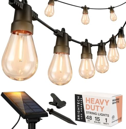Brightech Ambience Pro Solar Powered Outdoor String Lights, 48 ft Commercial Grade Waterproof Patio Lights, 15 Edison Bulbs, Shatterproof LED String Lights for Outside, Porch - 1W Warm White