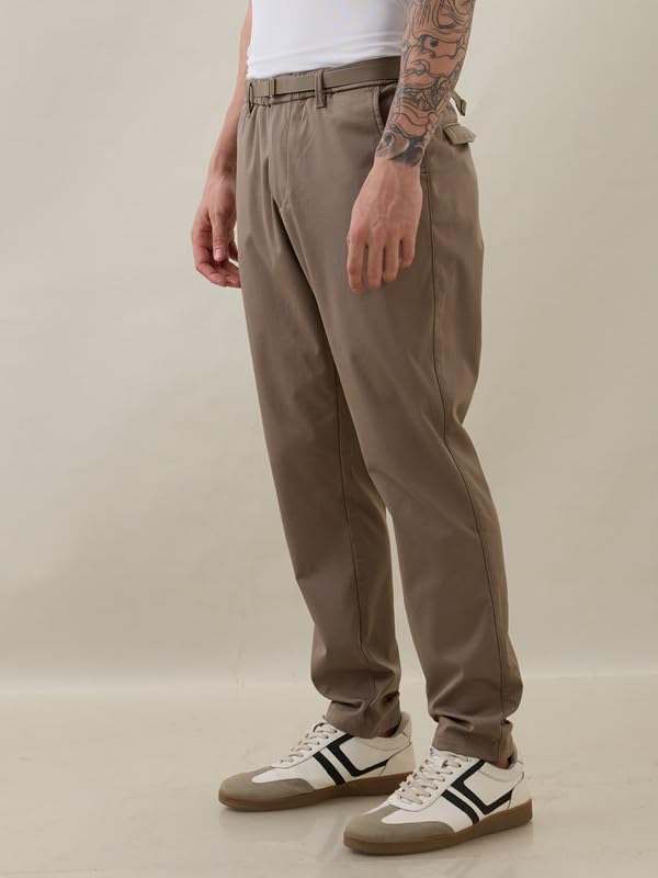 Image of Nostrum Men's Smart-Casual Tapered Trousers for Men, Charcoal, Cotton Corduroy, Mid Rise, Regular Slim Fit with Adjustable Belt, Side and Back Pockets, Casual Wea