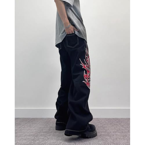 Y2K Retro high Street Flame Printed Wide Leg Jeans Hip-hop Loose Straight Leg Pants for Men and Women4