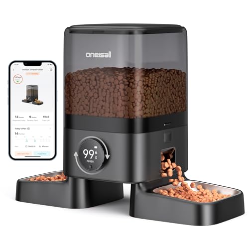 oneisall Kabelloser Futterautomat Katze 2 Näpfe, WiFi Intelligenter Katzenfutter Automat, 5L Futterspender Katzen mit APP-Steuerung, für...