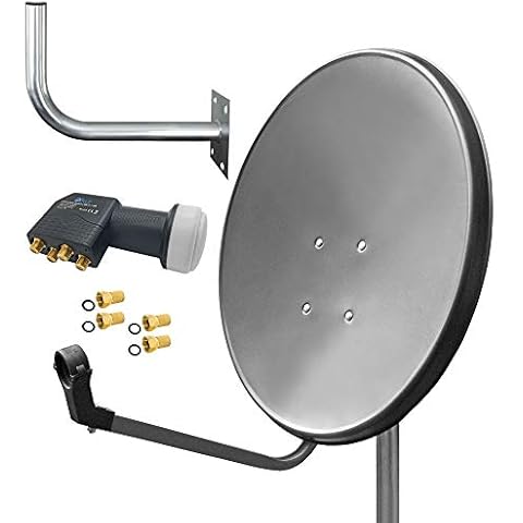60 cm HD Sat Anlage Quad LNB Digital + Wandhalter 45 cm + 4X F-Stecker 4 Teilnehmer Antenne Grau UHD 4K ARLI Cover