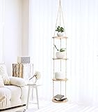 Konload Hemp Rope Hanging Plant Shelf from Ceiling for Narrow Space Boho Hanging Plant Shelves, Natural Pine Wooden Plant Stand Display for Indoor, Outdoor, Corner, Balcony, Living Room and Bedroom