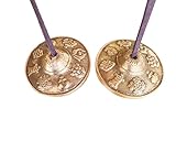 Tibetan Tingsha Cymbals, 2.6 inch Bronze Meditation Bells with Drawstring Bag, Traditional Sanskrit Design for Percussion Instrument