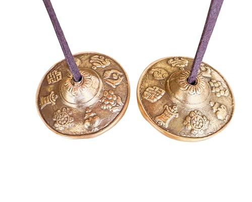 Tibetan Tingsha Cymbals, 2.6 inch Bronze Meditation Bells with Drawstring Bag, Traditional Sanskrit Design for Percussion Instrument