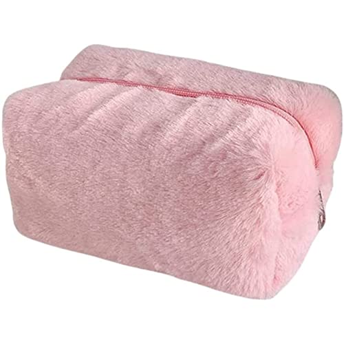 AKOAK 1 Pack Plush Makeup Bag Women's Soft Plush Cosmetics Zipper Bag Large Capacity Travel Makeup Bag Makeup Brush Toiletries Organizer for Women, Girls - Pink