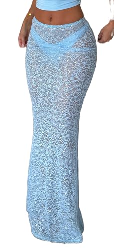 Womens See Through Sheer Floral Lace Mesh Long Maxi Skirt Elastic Low Waist Aline Bodycon Going Out Beach Cover Ups