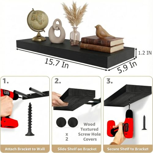 Image of IAE Floating Wall Shelves 16 inch,Bathroom Shelving Wall Mounted,Invisible Shelf Floating Kitchen Shelves,Wooden wall Shelf with Brackets for Living Room wall Mounted,Easy Install,Set of 2,Black