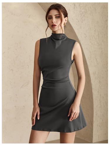 Women's Mock Neck Ruched Mini Dress Sleeveless Flared A Line Work Office Dresses4