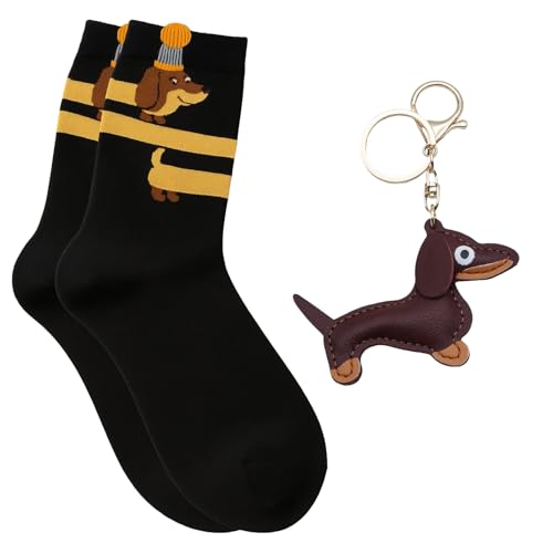 Scinzene 2 Stück Dackel, Schlüsselanhänger und Socken, Süße Welpe Hundetasche Anhänger Leder Glücksbringer Geschenke, Dackel-Geschenke Für Tierliebhaber
