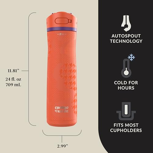 Image of Contigo Ashland Chill 2.0 Stainless Steel Vacuum-Insulated Water Bottle with AUTOSPOUT Easy-Clean Lid, Leak-proof Drinking, Keeps drinks cold for 24 hours, BPA-Free, 24oz., Tangerine