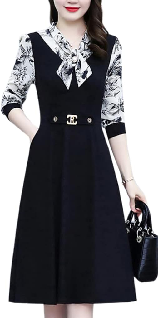 Caixingyi レディース ワンピース ドレス 切り替え 重ね着風 Aライン 長袖 膝丈 リポン付き ｖ