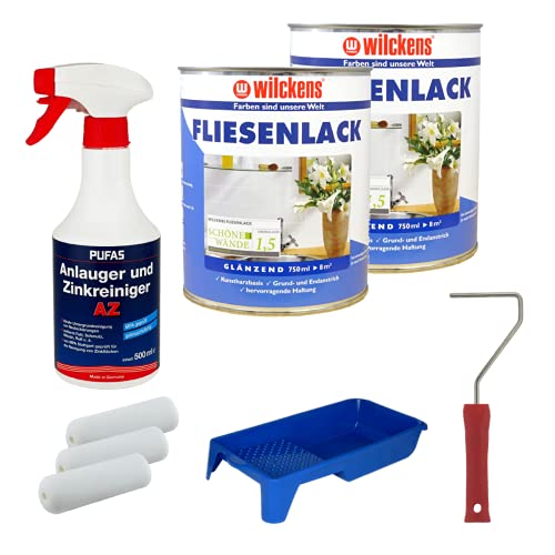 Set 2x Fliesenlack 0,75 Liter (weiß) mit 1x Anlauger und Zinkreiniger AZ 0,5 Liter + Farbroller + Farbwanne + 3x Walze Cover