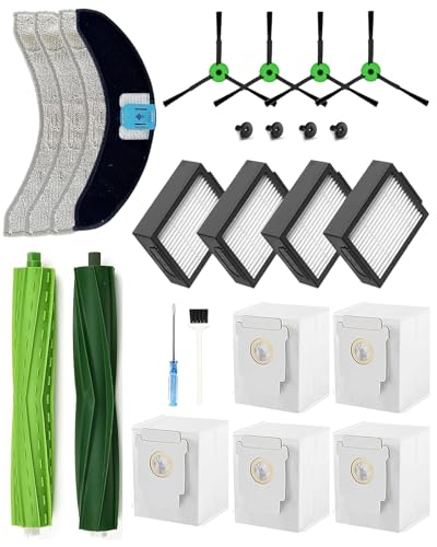 Con iRobot Roomba Combo j7/j7+/j9/j9+/10 Max, Kit de 21 Piezas de Repuesto: 2 Cepillos Principales, 4 Laterales, 4 Filtros HEPA, 5 Bolsas, 4 Mopas, 1 Cepillo de Limpieza