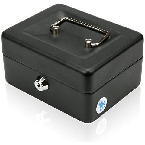 H&S Money Box Tin 6" Steel Cash Safe Box Petty Cash Deposit Tin with Lock 2 Keys - Black Cover