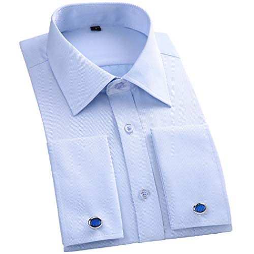 TAOBIAN Mens Dress Shirts French Cuff Long Sleeve Formal Slim Fit Shirts (Cufflink Included) Blue US L 22