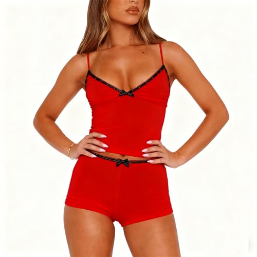 Image of Yuemengxuan Women Two Piece Outfits Y2k Boy Shorts Set Sleeveless Crop Top Button Down Shorts Set Loungewear Pajamas Set