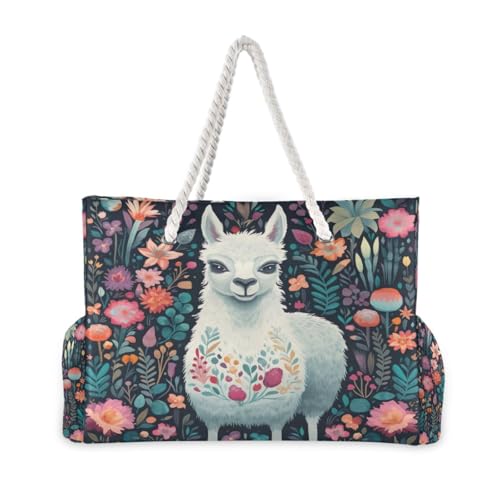 Alpaca Beach Bag with Top Zipper Closure, Waterproof Pool Bag, Large Beach Tote for Women#52