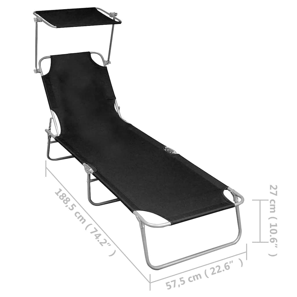 Składany leżak do opalania z daszkiem przeciwsłonecznym, czarny, aluminium, leżak relaksacyjny do ogrodu, na balkon, basen, plażę, kemping i wellness, regulowane oparcie i ochrona przed