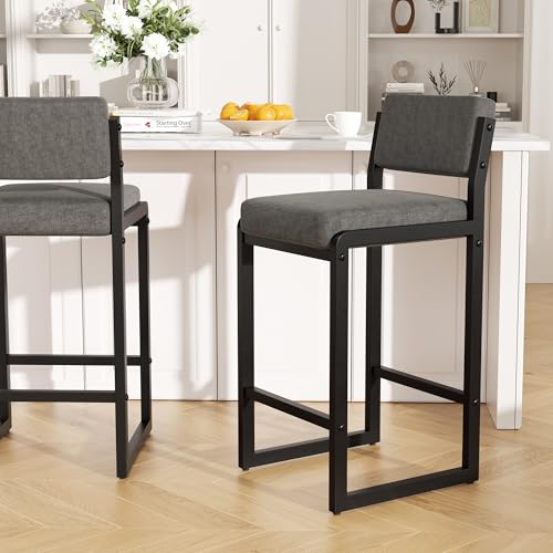 Image of 26IN Modern Bar Stools, Fabric Counter Height Barstools with Back and Footrest, Sturdy Thickened Metal Leg, Kitchen Bar Chairs for Island, Grey