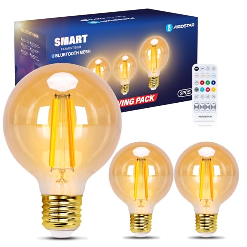 Aigostar Mesh - Smarte Glühbirne Alexa E27 Bluetooth Mesh G80, Alexa Lampe Vintage Edison Lampe 6W 806LM 2700K-6500K Dimmbar Glühbirne, Kompatibel mit Alexa/Google Home, 3 Stück(mit Fernbedienung)