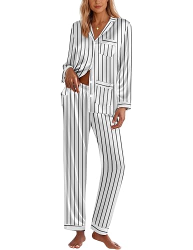 Image of Ekouaer Pajamas for Women Silk Satin Button Down Long Sleeve Pajama Sets