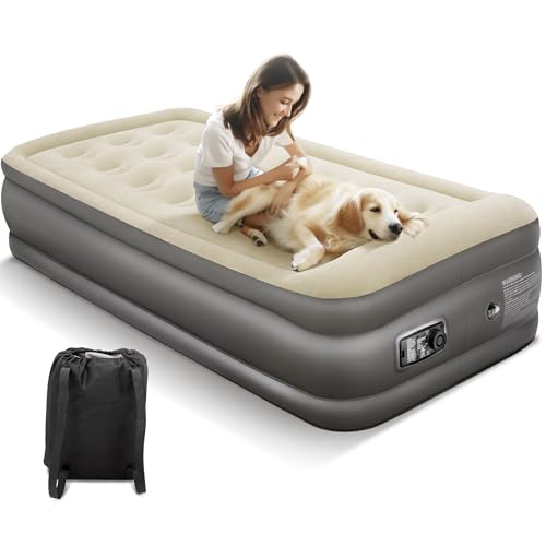 ALPHA CAMP 19” Twin Air Mattress with Built in Pump and Pillow, Blow up Mattress in 2 Mins Self-Inflation/Deflation with Soft Plush Top, Foldable Inflatable Mattress, Air Bed for Camping, Home Guest