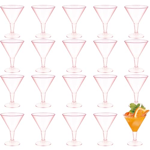 PORUPAEL 20 vasos de cóctel de plástico de 180 ml, vasos de cóctel de plástico reutilizables, vasos de Martini, vasos de margarita, para champán, postres sin alcohol, fiestas, bodas, cumpleaños (rosa)