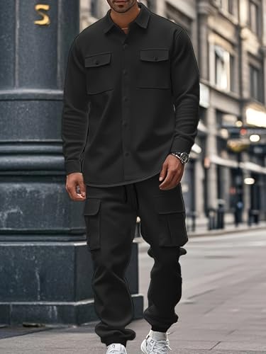 Men's Fleece Cargo Jacket Tracksuit Set 2 Pieces Solid Color Long Sleeve Button up Jacket and Cargo Pants Set4