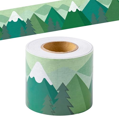 Image of BeYumi Moving Mountains Border Trim - 65ft Back to School Green Moving Mountains Straight Rolled Border Trim Woods Pine Trees Bulletin Board Borders Classroom Office Chalkboard Decor Party Decoration