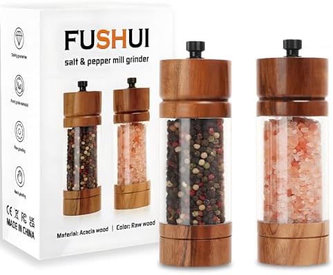 FUSHUI 2 Pack Wood Salt and Pepper Grinder Set, Premium Acrylic Salt and Pepper Grinder Set with a Adjustable Ceramic Rotor - Made of High-Grade Acacia Wood Material, Comfortable to the Touch