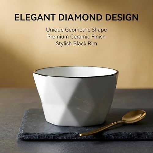 Image of Modern Geometric White Ceramic Bowls, Food Grade Porcelain with Minimalist Black Rim, Lead & Cadmium Free, Chip-Resistant Snack & Cereal Bowls (Set of 2)