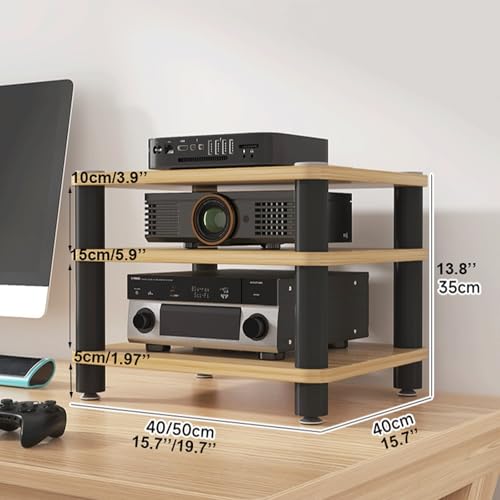 Wielowarstwowy stojak na sprzęt audio/wideo: drewniana wieża HiFi 2/3/4 poziomy z otwartą półką, odpowiednia dla odtwarzaczy DVD, konsol do gier wideo i dekoderów telewizyjnych.