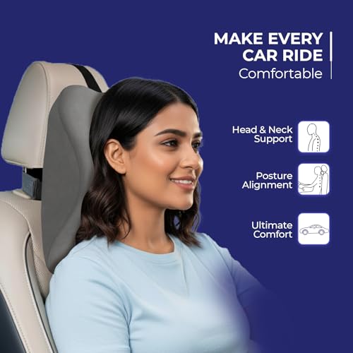Image of WELLGIVER Orthopedic Memory Foam Car Neck Rest Pillow - Cervical Support Cushion for Neck Pain Relief, Adjustable Strap - Universal Fit for All Cars | Grey Velvet