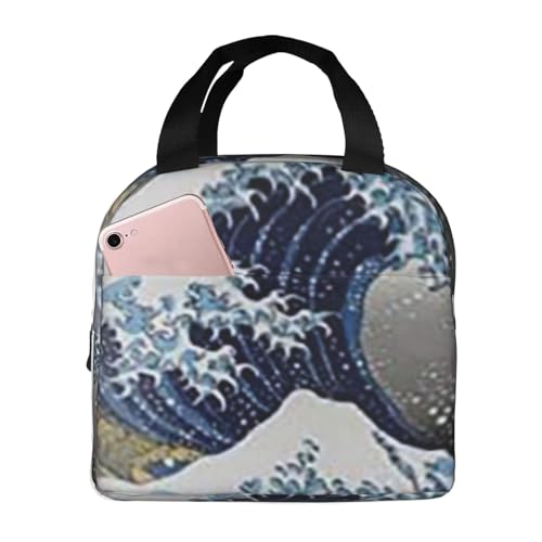 保温ランチバッグ 大容量 防水 熱漏れ防止 おしゃれで丈夫 通勤 通学 アウトドアに便利 男女兼用 (アート ? 葛飾北斎作「神奈川沖浪裏」三浦フォトマグ浮世絵)
